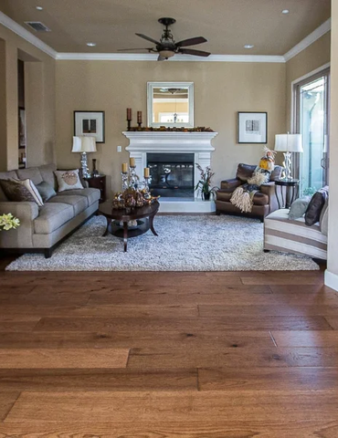 Traditional living room wide plank wood flooring | Nielson Fine Floors | Lincoln, CA