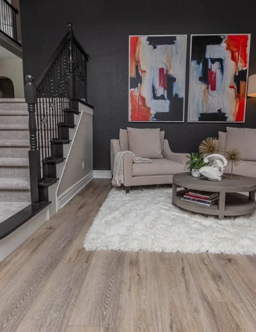 Contemporary living room neutral colors vinyl flooring | Nielson Fine Floors | Lincoln, CA